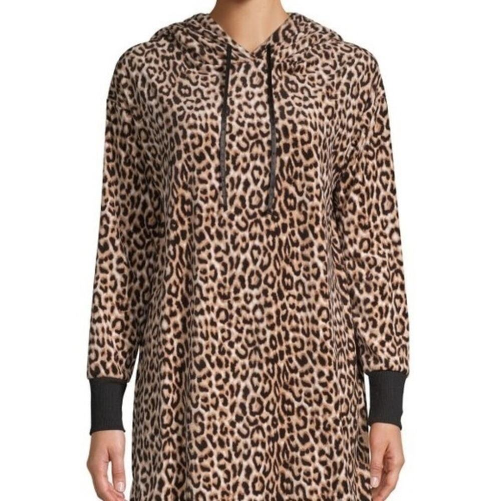 Betsey Johnson Leopard Animal Print Velvet Hooded Soft Cozy Casual Sweater Dress